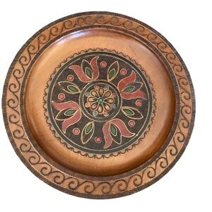 Polish Folk Art Vintage 70’s Inlaid Copper Brass Wood Plate